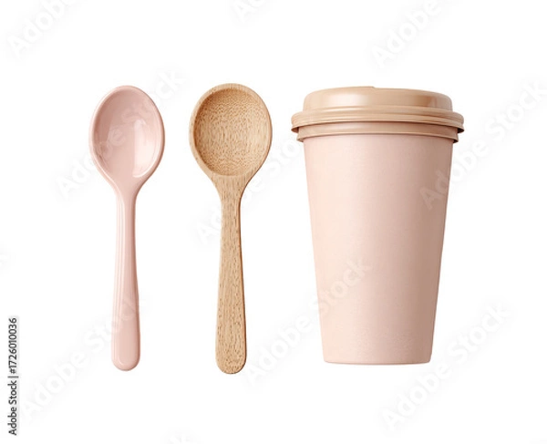 Fototapeta Two spoons and a cup in a light peach/pink color