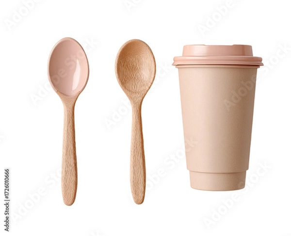 Fototapeta Two light-pink wooden spoons and a matching cup