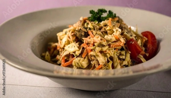 Fototapeta Fresh salad of shredded cabbage, carrots, meat, & herb garnish in bowl with tomatoes