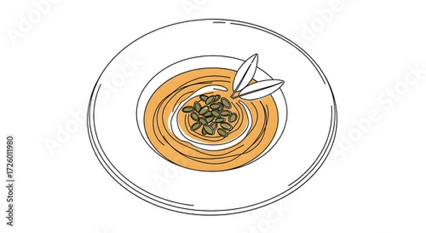 Fototapeta A simple line art drawing of a creamy pumpkin soup in a deep plate, decorated with pumpkin seeds and a sage leaf. Delicate strokes, hand-drawn style, suitable for a menu or food sticker