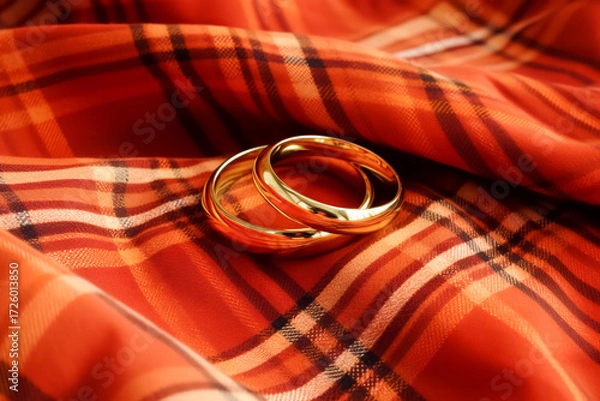 Fototapeta Close-up of two shiny gold wedding rings on soft orange checkered fabric symbolizing autumn - the season of weddings and marriages. Symbol of eternal love and union, copy space