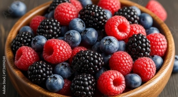 Obraz A Rustic Wooden Bowl Brimming with a Vibrant, Jewel-Toned Medley of Fresh Summer Berries.