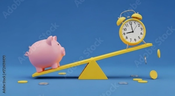 Obraz The Weight of Savings - A Pink Piggy Bank Outweighs a Yellow Alarm Clock on a Financial Seesaw.