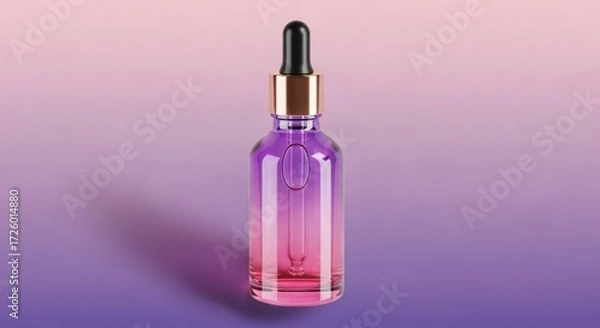Obraz Elegant Ombre Glass Serum Bottle with Gold Dropper on a Purple and Pink Gradient Background.