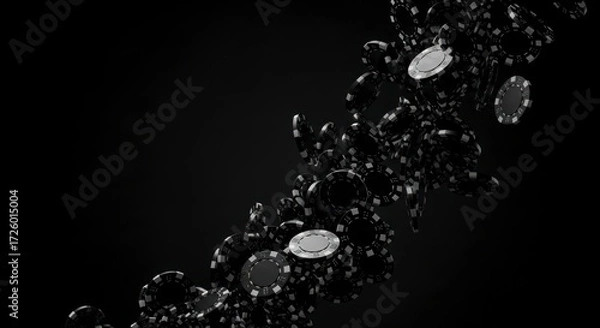 Obraz High-Stakes Noir - A Dynamic Cascade of Black Poker Chips in Dramatic Light.