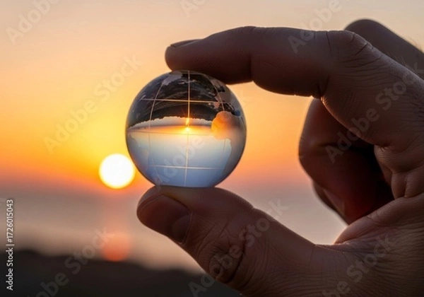 Obraz A Silhouetted Hand Gently Holds a Glass Globe Reflecting a Golden Sunset.