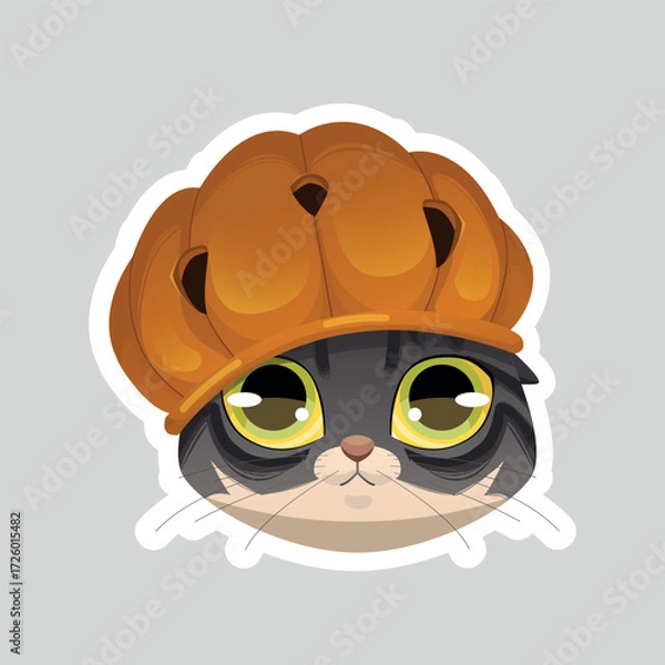 Obraz A whimsical vector sticker of an adorable kitten wearing a Halloween pumpkin like a little hat. This charming design is perfect for holiday greetings, social media fun, or spooky-cute decor.
