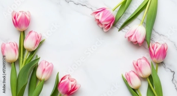 Fototapeta Elegant Pink Tulips with Green Stems Forming a Natural Frame on a White Marble Background