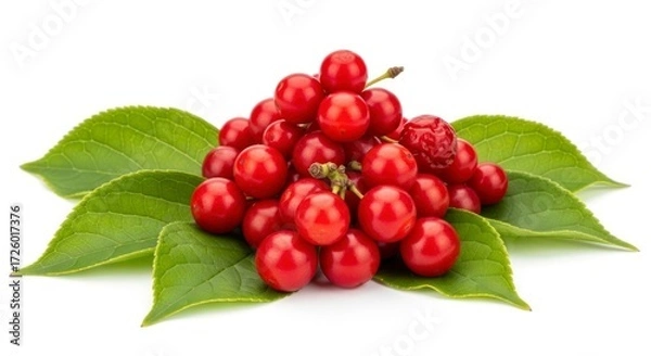 Fototapeta Lustrous Red Bird Cherries Piled on a Symmetrical Bed of Fresh Green Leaves.