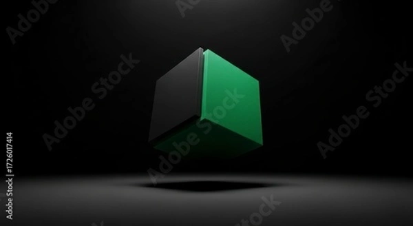Obraz Mysterious Green and Black Cube Levitating in a Dark, Minimalist Void.