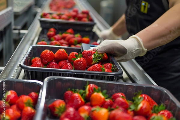 Fototapeta Close-up of workers packaging fresh strawberries in branded cartons on automated line