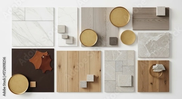Obraz Elegant Interior Design Mood Board - A Flat Lay of Marble, Wood, and Brass Samples.