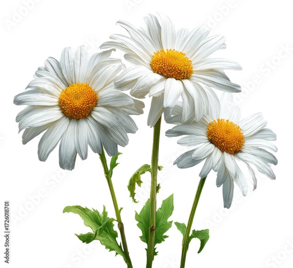 Obraz Three white daisies with green leaves.  Close-up view of the blossoms and stems