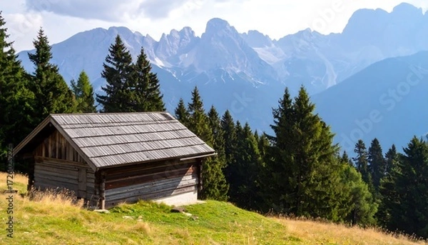 Fototapeta Rustic cabin nestled in mountain meadow, framed by pines, with majestic peaks beyond
