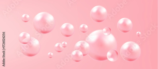 Fototapeta Dreamy collagen and bubble gum inspired water bubbles with fizzy sparkles floating over a pristine pink  vector background.