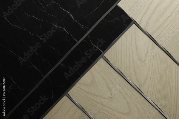 Fototapeta A striking modern texture design where matte black marble with fine white veining contrasts against smooth white oak wood panels.