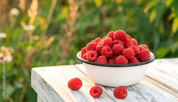 Fototapeta Ripe raspberries overflowing from a white bowl on a rustic, sunlit wooden table