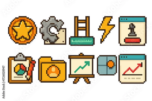 Obraz Business and analytics pixel icon set. flat pixelated collection for data visualization