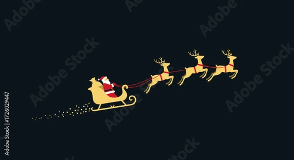Fototapeta Minimalist vector illustration of Santa Claus riding in a sleigh pulled by a team of flying reindeer. Festive black silhouette on a grey background for Christmas