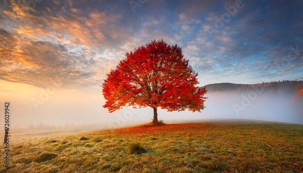 Fototapeta Vibrant Red Tree In Misty Landscape With Ethereal Glow During Autumn Season