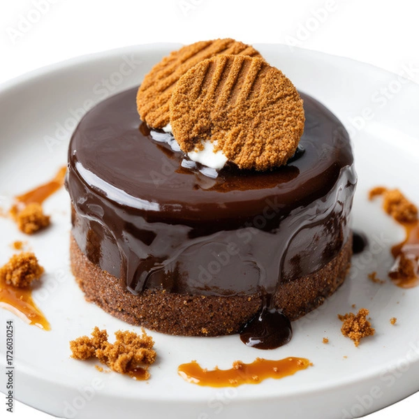 Fototapeta Rich, dark chocolate cheesecake, topped with caramel sauce and ginger cookies