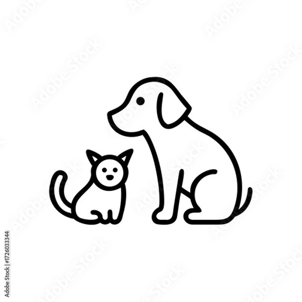 Fototapeta Dog and cat in simple line art sitting together  