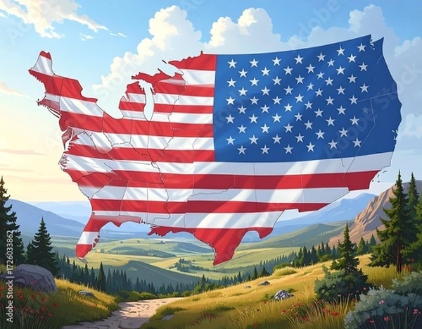 Obraz USA Flag Map, scenic landscape