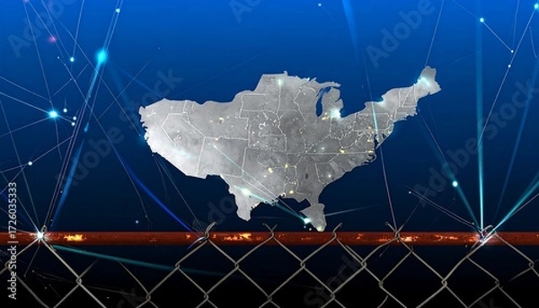 Obraz USA map, digital network, fence