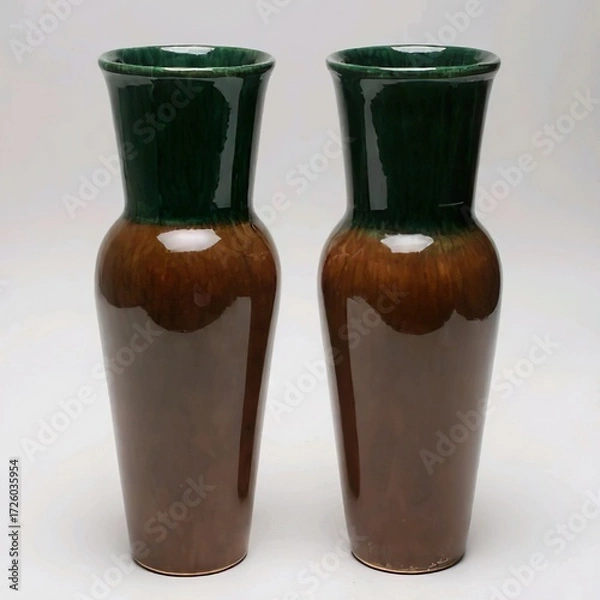 Fototapeta Title:
Two tall cylindrical ceramic vases with narrow necks, green to brown gradient glaze