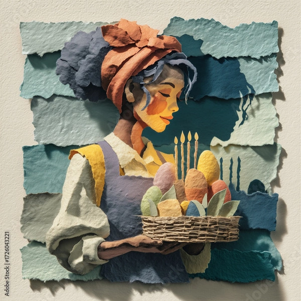 Obraz Woman holding basket of colorful Easter eggs with candles  