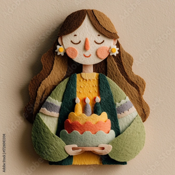 Obraz Young woman holding colorful Easter cake with candles in soft design  