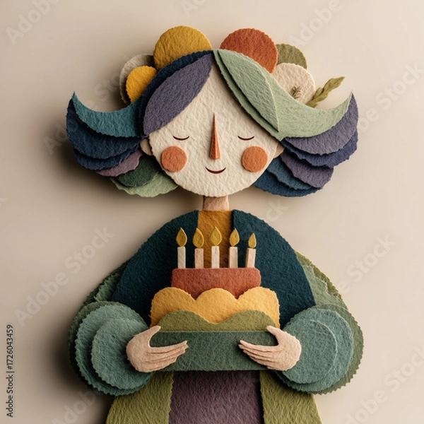 Obraz Woman holding a colorful cake with candles and smiling for Easter  