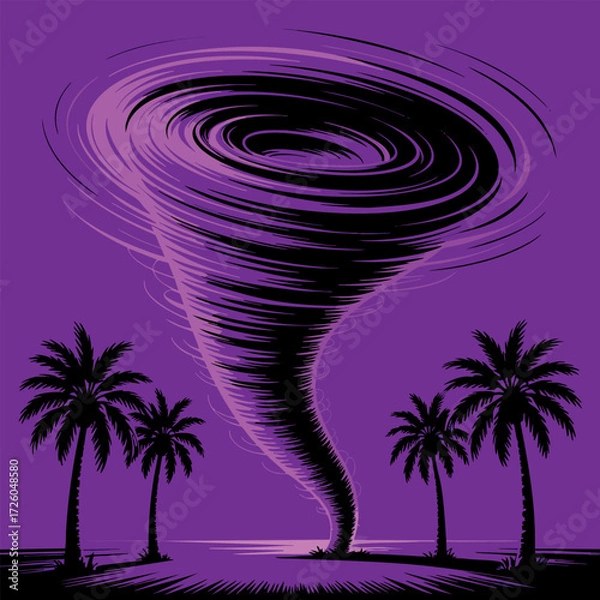 Fototapeta Vector illustration of Caribbean tornado pink storm with palm trees beach background dramatic nature artwork perfect for posters and educational use