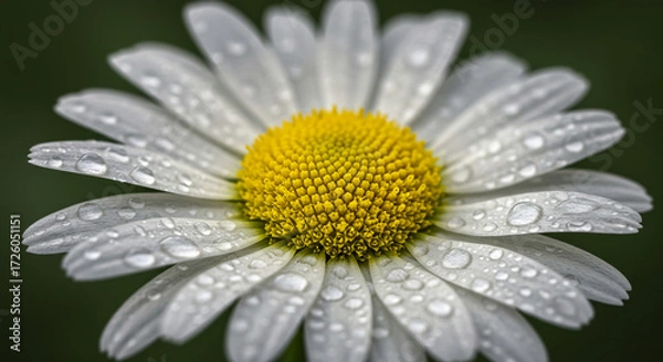 Fototapeta A pristine daisy, glistening with morning dew, symbolizes purity and the quiet beauty of nature's gentle awakening, its vibrant yellow center contrasting against soft white petals.