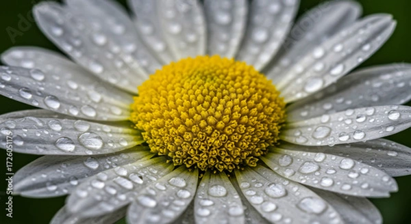 Fototapeta A pristine daisy, glistening with morning dew, captures the quiet beauty of a new day, showcasing delicate petals and a vibrant yellow center with crystal-clear water droplets.
