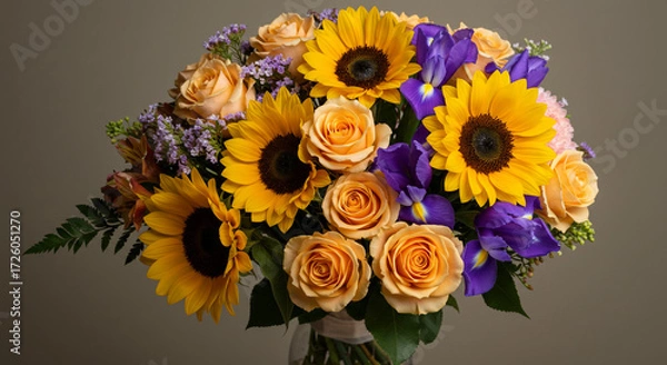 Fototapeta A radiant bouquet of sunflowers and peach roses, accented with vibrant purple irises, exuding warmth and joy, captured in soft, natural light.