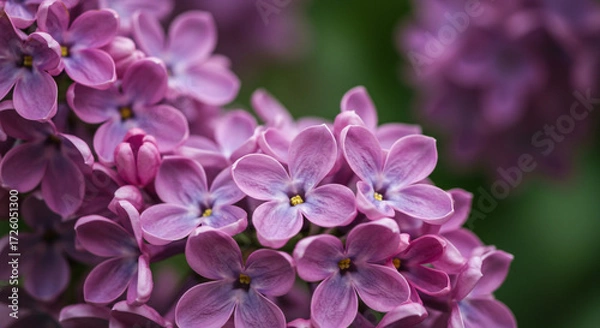 Fototapeta A breathtaking cluster of lilac blossoms, delicate petals unfolding in springtime's gentle embrace, showcasing nature's soft purple hues and a blurred green background.