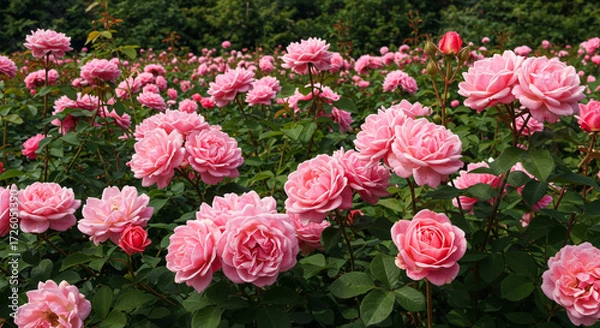 Fototapeta A breathtaking field of delicate pink roses blooming in the summer sun, showcasing their soft petals and vibrant beauty in a lush green garden.