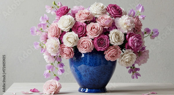 Fototapeta A breathtaking bouquet of blush and purple roses and sweet peas, artfully arranged in a deep blue ceramic vase, exuding elegance and serenity against a soft, neutral background.