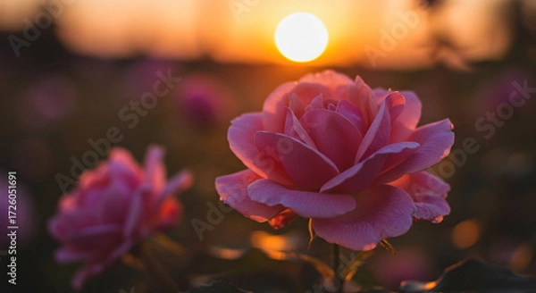 Fototapeta A delicate pink rose bathed in the golden sunset's glow, a symbol of serenity and beauty in a field of softly blurred blooms.