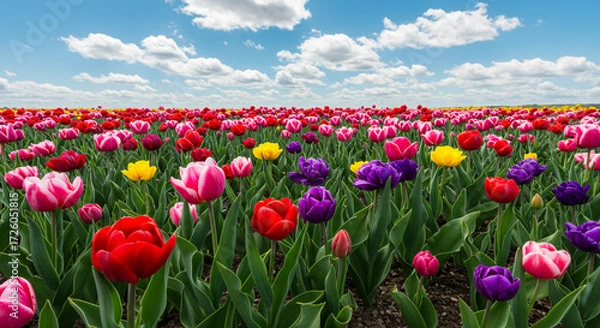 Fototapeta A breathtaking field of vibrant tulips bursting with spring's joyful colors under a bright, sunny sky.