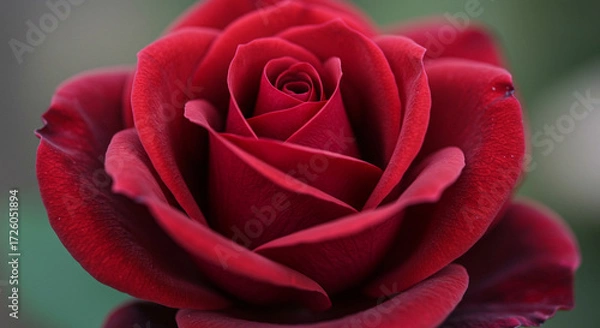Fototapeta A velvet red rose, unfurling its heart in passionate beauty, a symbol of enduring love and deep romance with a soft-focus background.