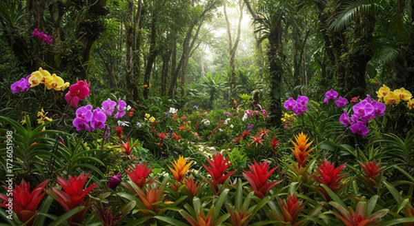 Fototapeta A vibrant rainforest garden bursting with orchids and bromeliads, showcasing a breathtaking display of tropical beauty in lush green surroundings with soft natural light.