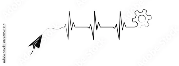 Fototapeta Abstract paper plane origami airplane, ekg shape route, gear cogwheel vector. Creative medical science concept design to use for cardiology, healthcare business, medical care concept projects.
