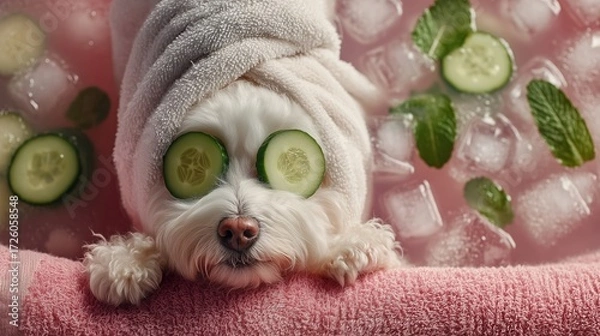 Fototapeta Spa Day for Relaxed Dog on pink background with ice