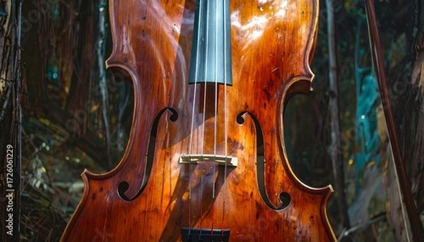 Fototapeta Upward view of cello body against blurred tree backdrop, rich woodgrain visible