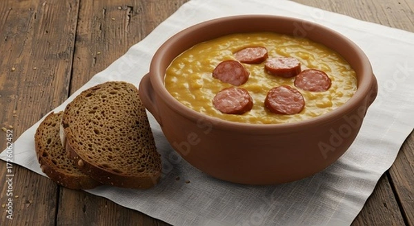 Fototapeta A rustic bowl of creamy soup with sausage slices and slices of bread on a wooden table top setting