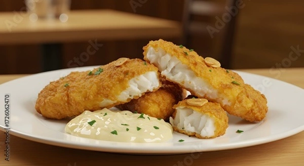 Fototapeta Close up of crispy fried fish fillets with tartar sauce on a white plate on a wooden table