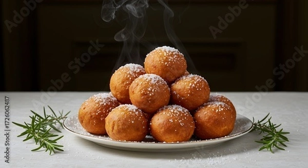 Fototapeta A pile of steaming donuts dusted with sugar on a plate with rosemary sprigs as decoration