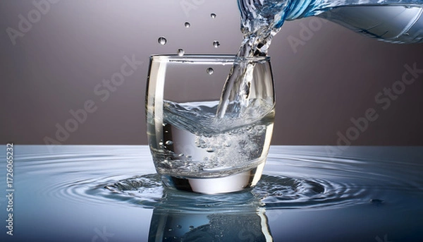 Obraz Clear water is being poured from a bottle into a glass, creating bubbles and ripples against a dark background. Refreshing and pure. Generative AI.